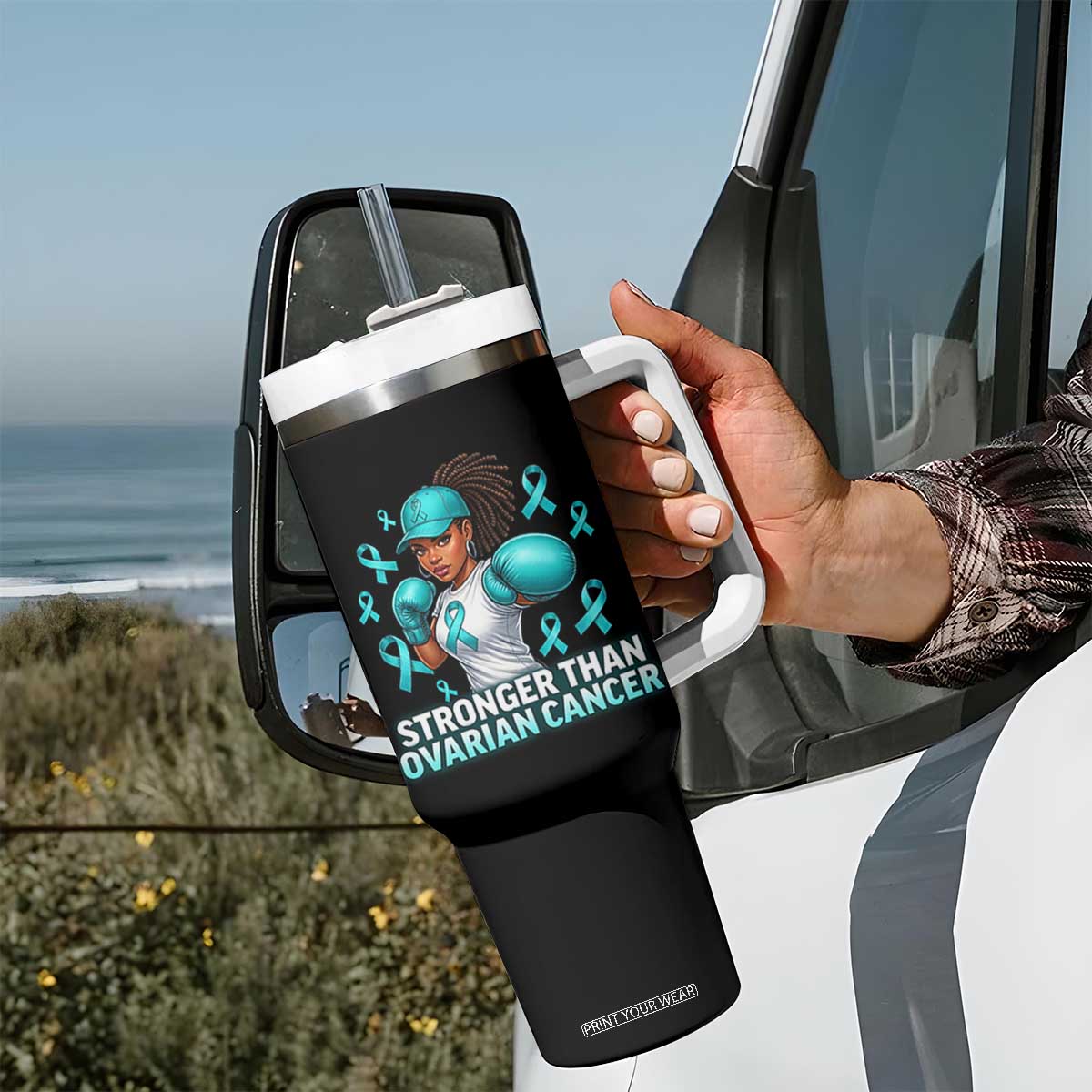 Black Women Fight Ovarian Cancer Awareness Tumbler With Handle African American Teal Ribbon Support TS10 Print Your Wear