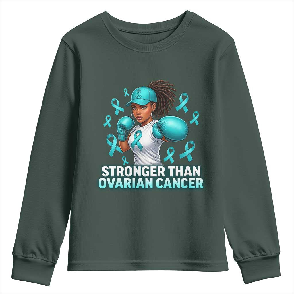 Black Women Fight Ovarian Cancer Awareness Youth Sweatshirt African American Teal Ribbon Support TS10 Dark Forest Green Print Your Wear