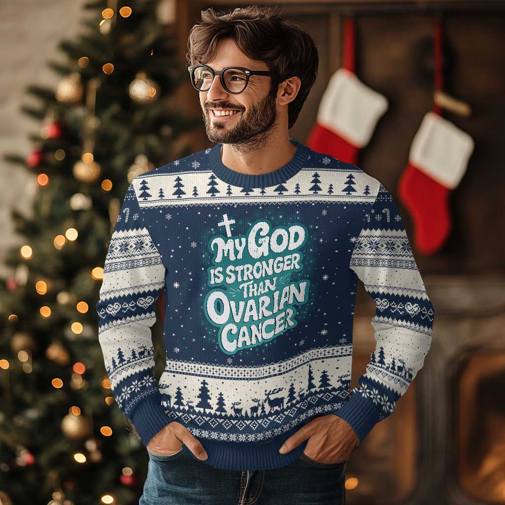 My God is Stronger Than Ovarian Cancer Ugly Christmas Sweater TS10 Navy Beige Print Your Wear