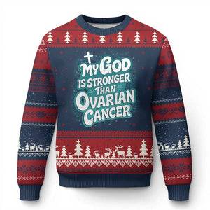 My God is Stronger Than Ovarian Cancer Ugly Christmas Sweater TS10 Navy Red Print Your Wear