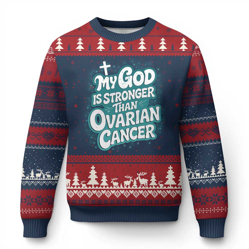 My God is Stronger Than Ovarian Cancer Ugly Christmas Sweater TS10 Navy Red Print Your Wear