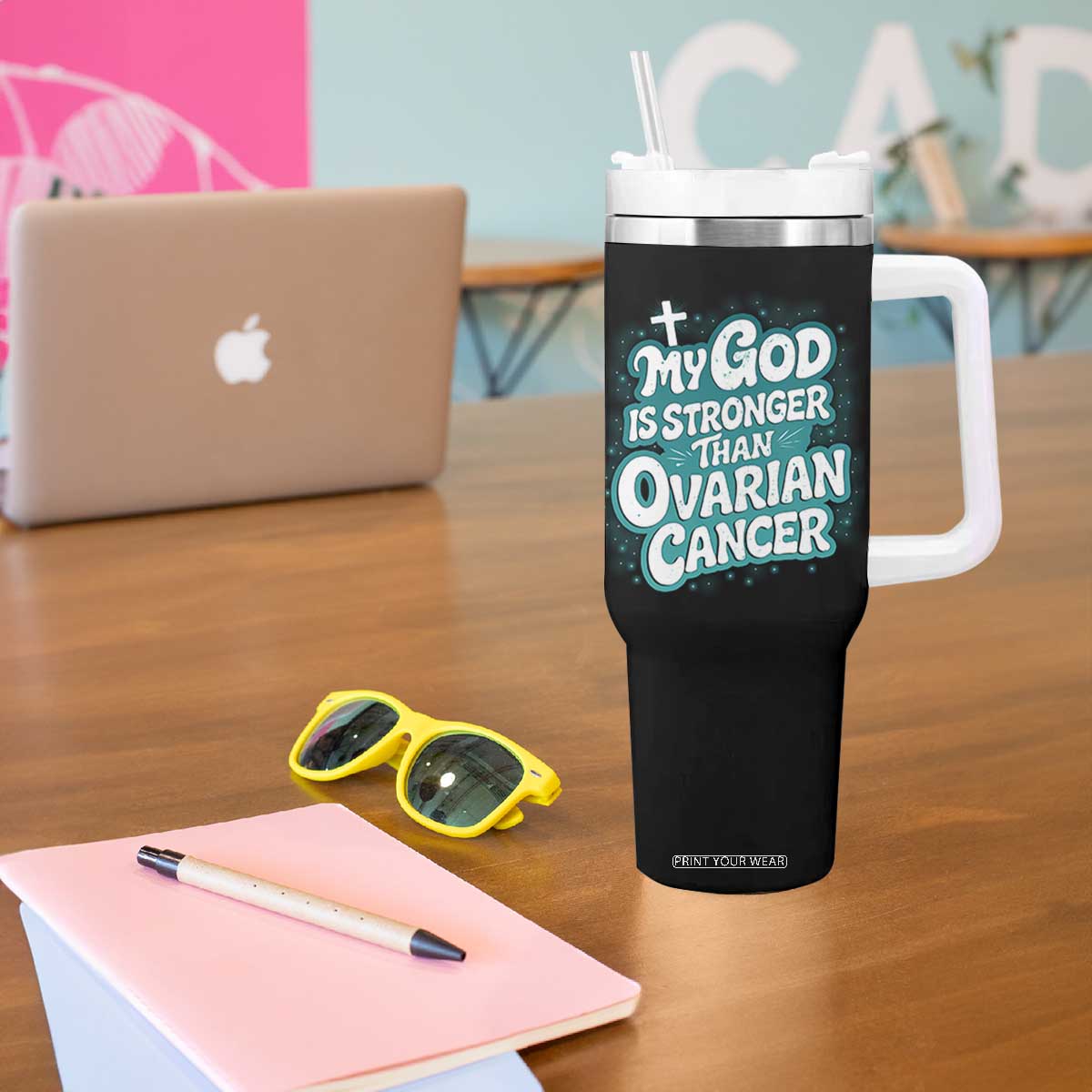My God is Stronger Than Ovarian Cancer Tumbler With Handle TS10 Print Your Wear