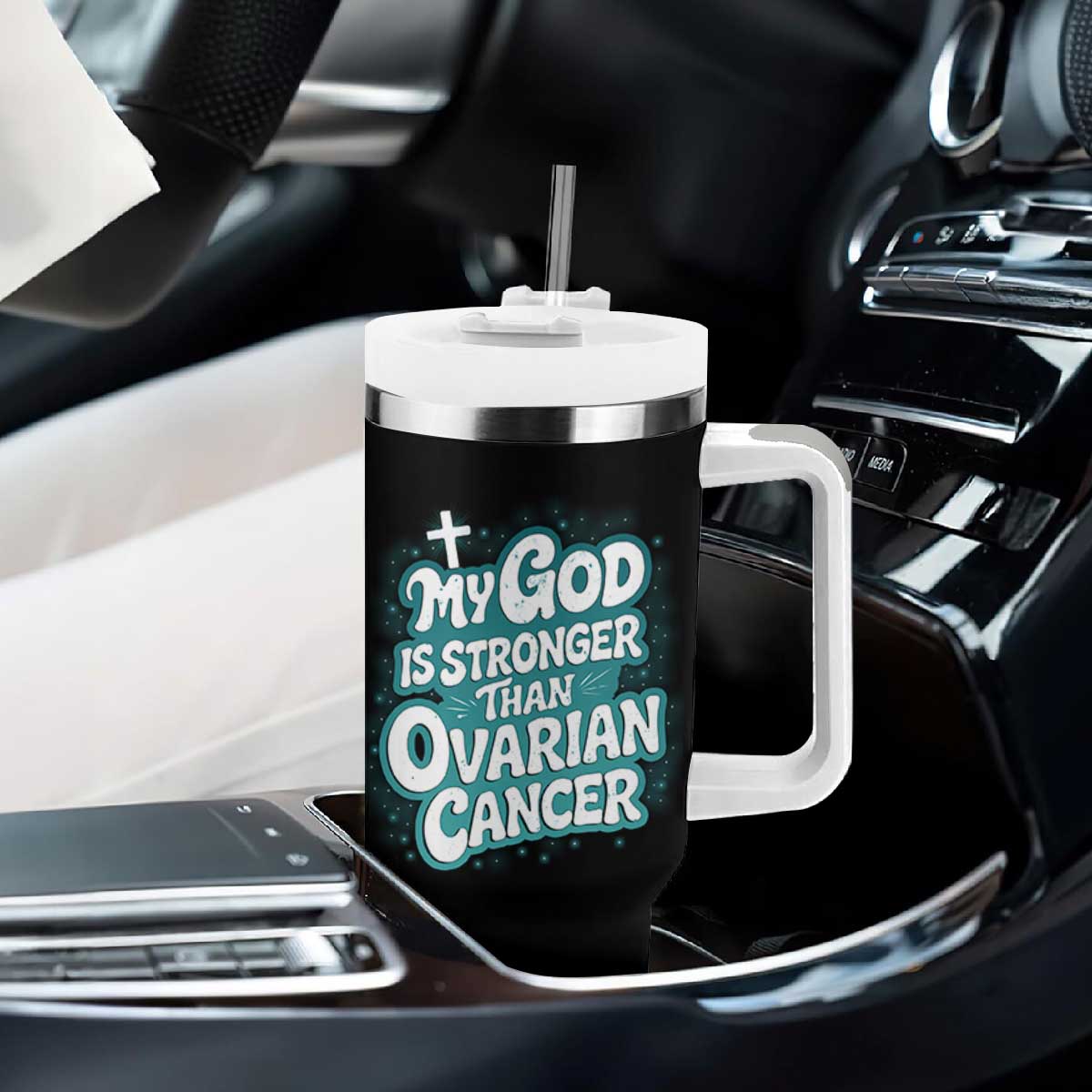 My God is Stronger Than Ovarian Cancer Tumbler With Handle TS10 Print Your Wear
