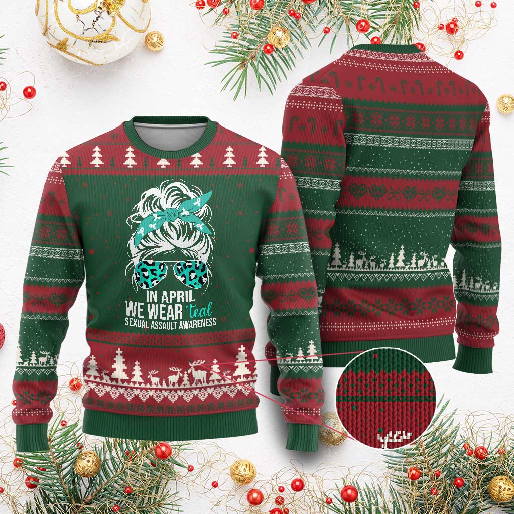 Sexual Assault Awareness Ugly Christmas Sweater In April We Wear Teal Women TS10 Red Green Print Your Wear