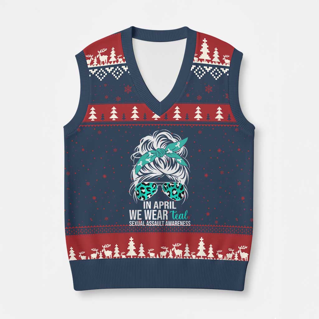 Sexual Assault Awareness V-Neck Knit Sweater Vest In April We Wear Teal Women TS10 Navy Red Print Your Wear