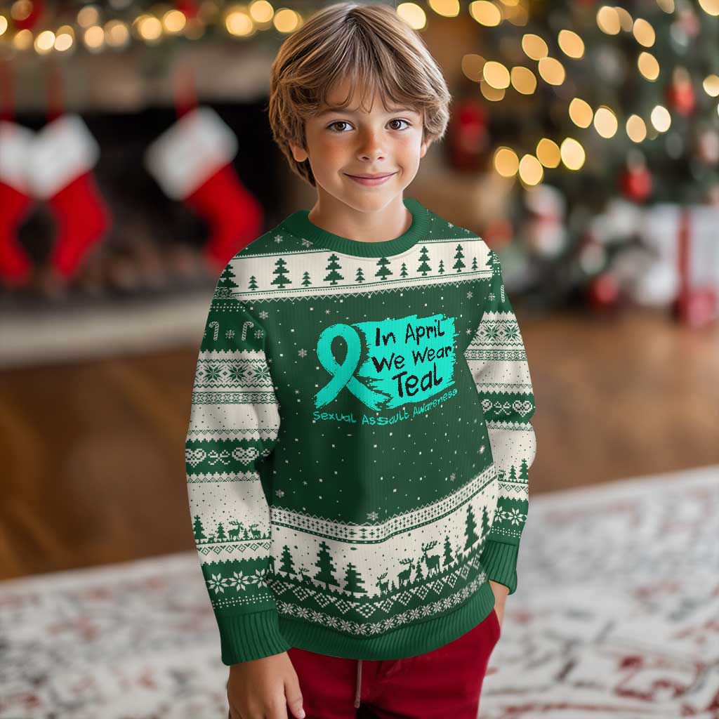 Sexual Assault Awareness Ugly Christmas Sweater In April We Wear Teal TS10 Forest Green Beige Print Your Wear