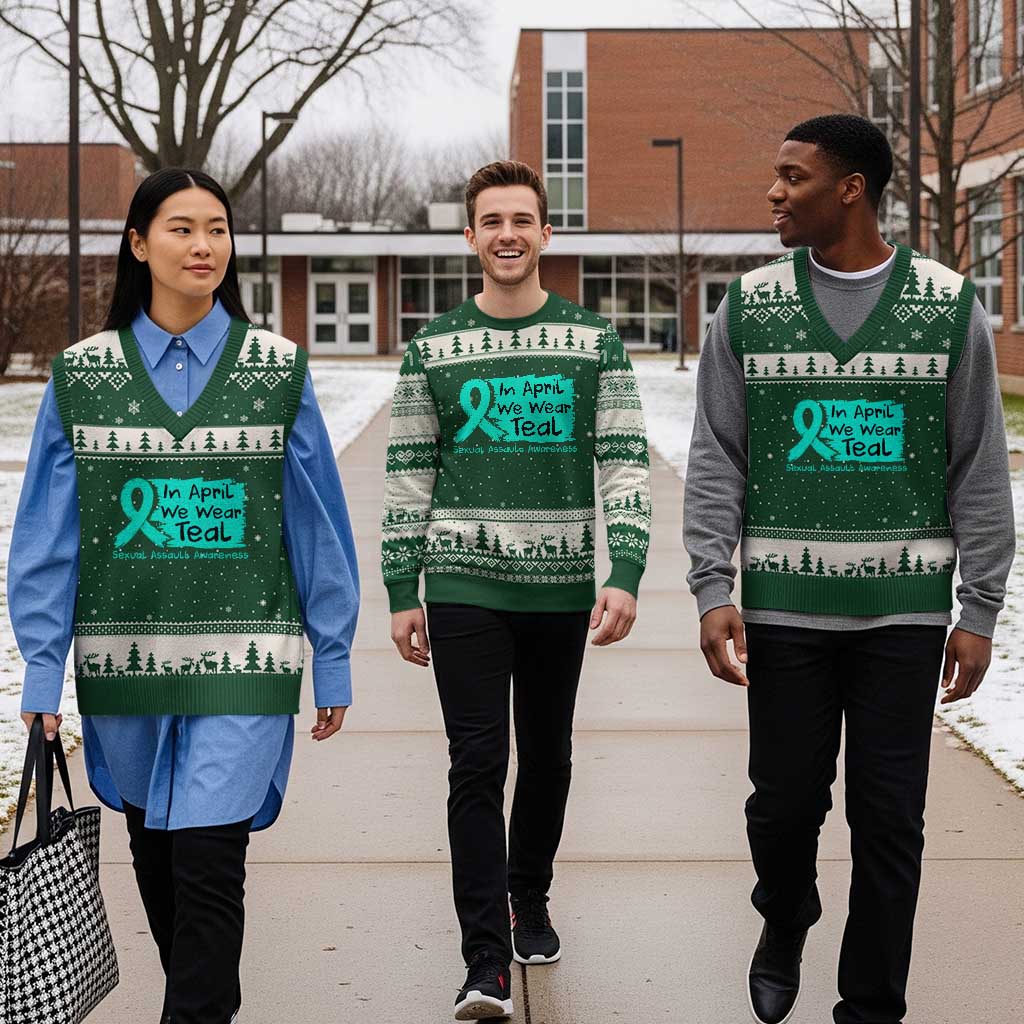 Sexual Assault Awareness V-Neck Knit Sweater Vest In April We Wear Teal TS10 Forest Green Beige Print Your Wear