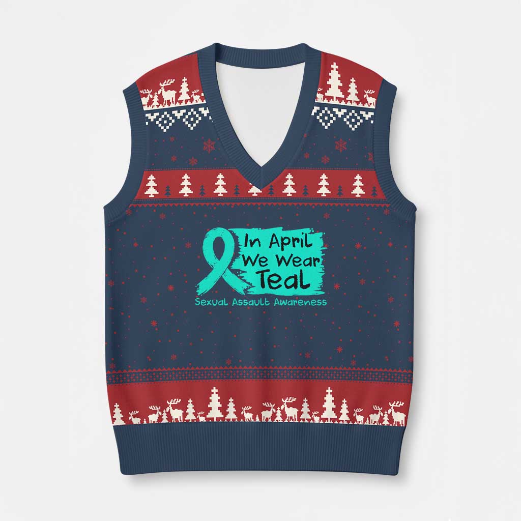Sexual Assault Awareness V-Neck Knit Sweater Vest In April We Wear Teal TS10 Navy Red Print Your Wear