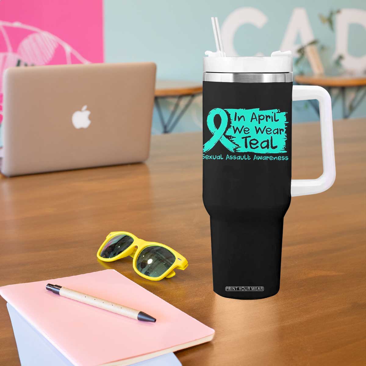 Sexual Assault Awareness Tumbler With Handle In April We Wear Teal TS10 Print Your Wear