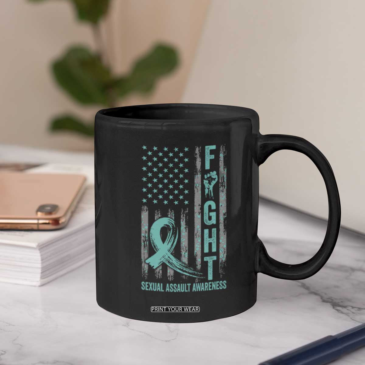 Sexual Assault Awareness Coffee Mug Fight Cancer American Flag Teal Ribbon TS10 Print Your Wear