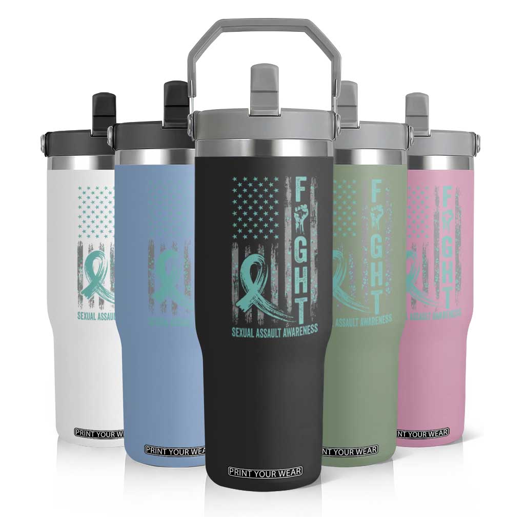 Sexual Assault Awareness Flip Straw Tumbler Fight Cancer American Flag Teal Ribbon TS10 Print Your Wear