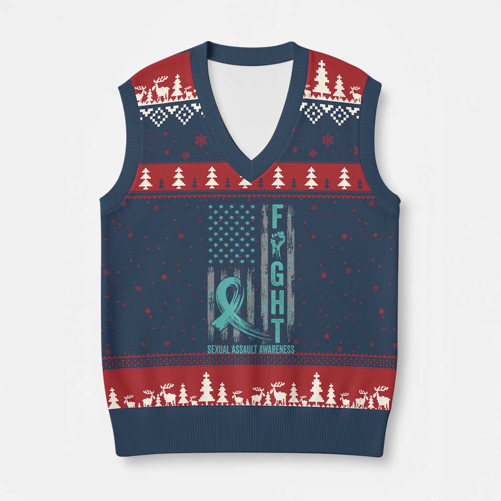 Sexual Assault Awareness V-Neck Knit Sweater Vest Fight Cancer American Flag Teal Ribbon TS10 Navy Red Print Your Wear