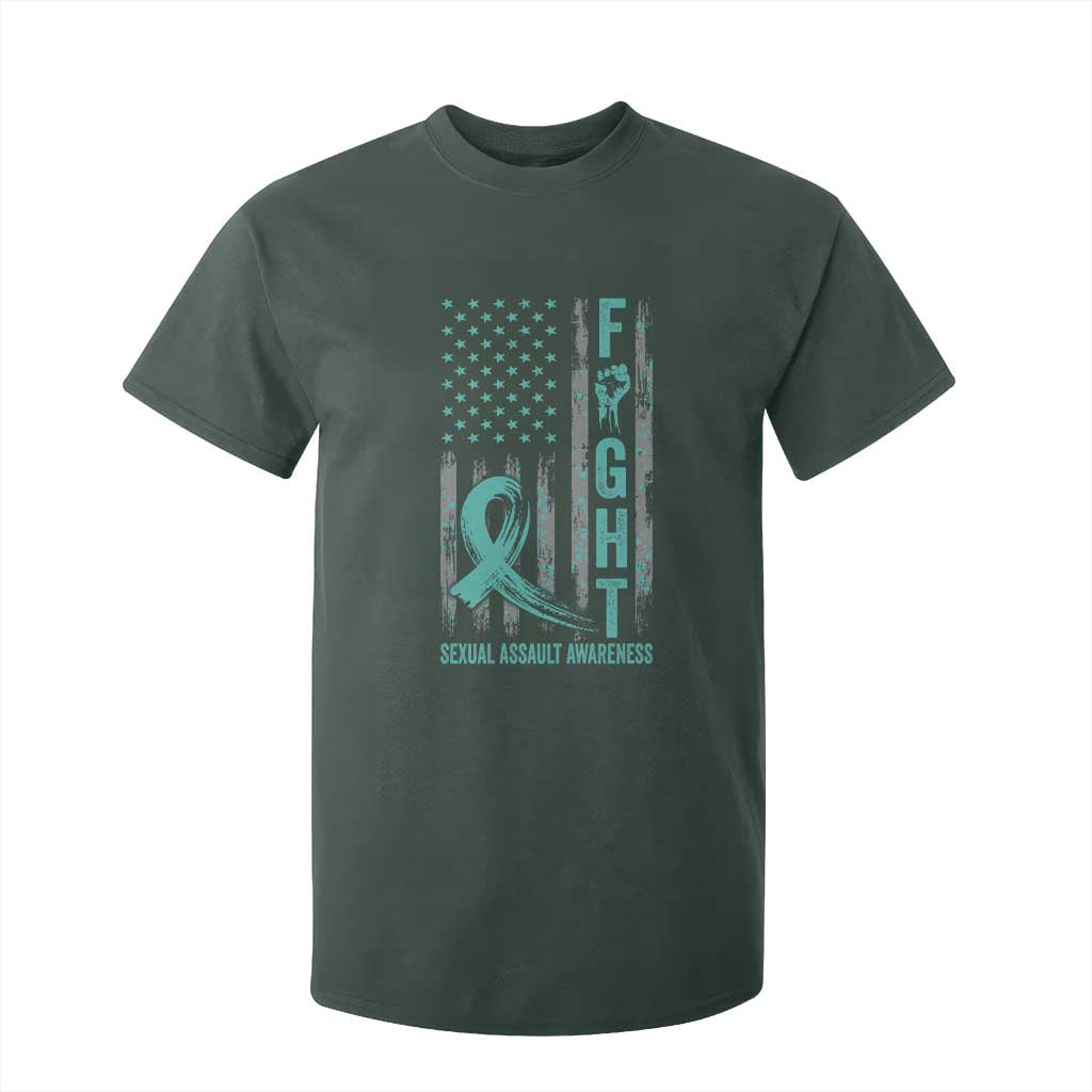 Sexual Assault Awareness T Shirt For Kid Fight Cancer American Flag Teal Ribbon TS10 Dark Forest Green Print Your Wear