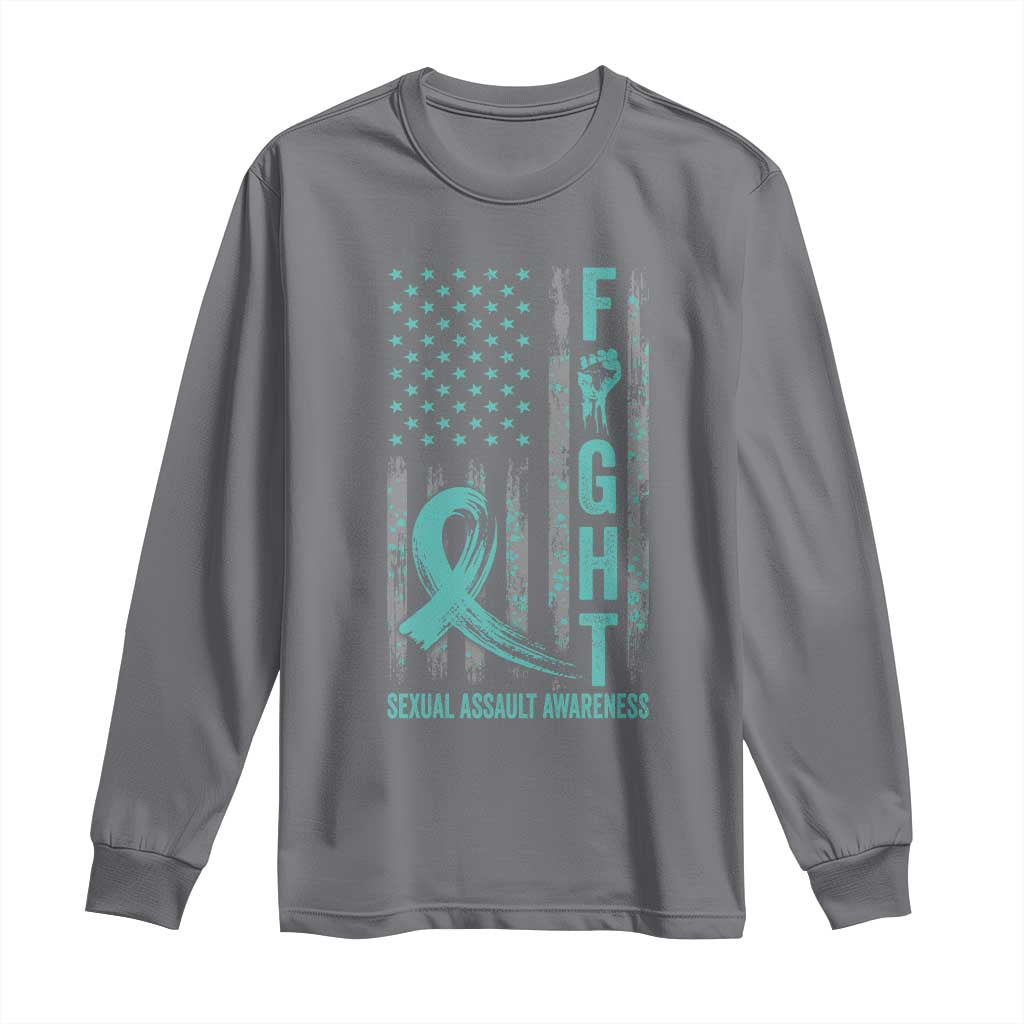 Sexual Assault Awareness Long Sleeve Shirt Fight Cancer American Flag Teal Ribbon TS10 Charcoal Print Your Wear