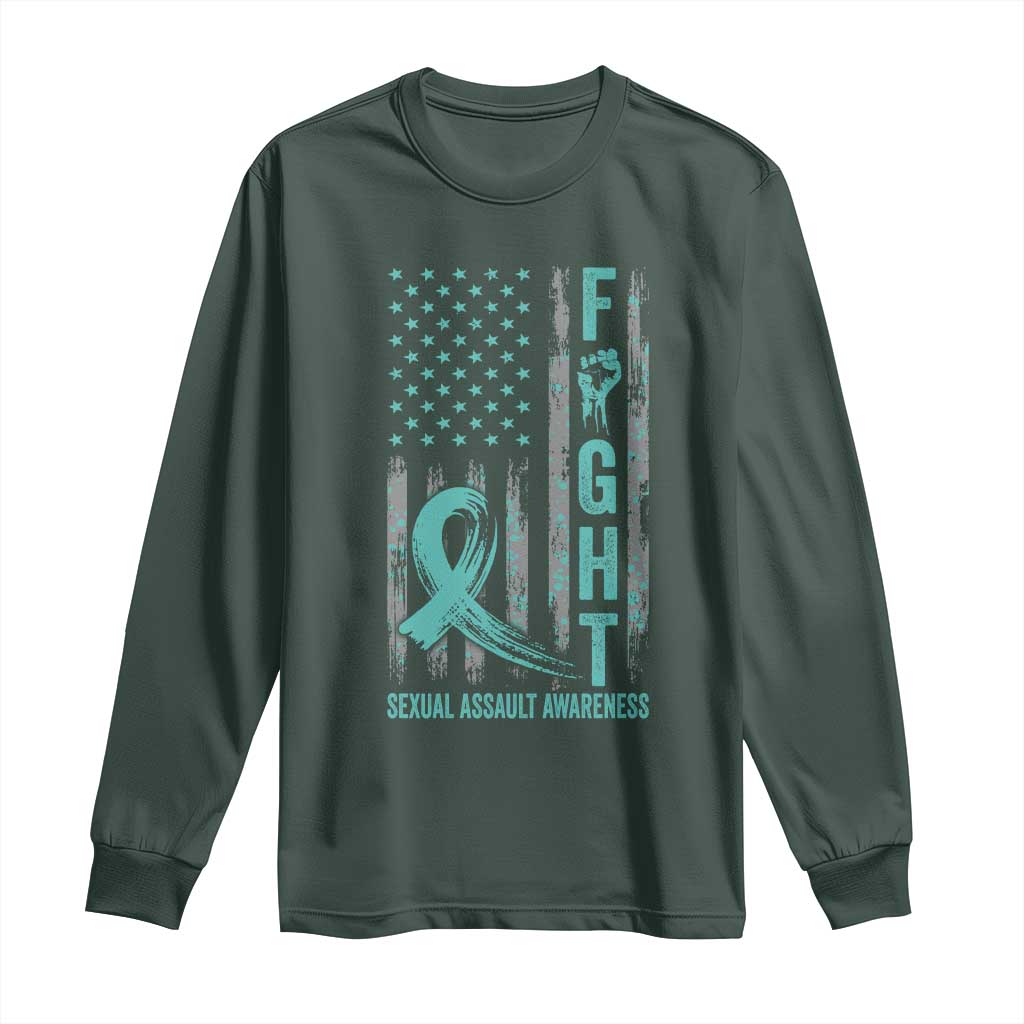 Sexual Assault Awareness Long Sleeve Shirt Fight Cancer American Flag Teal Ribbon TS10 Dark Forest Green Print Your Wear