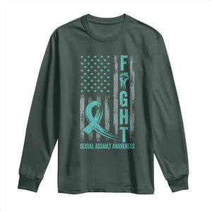 Sexual Assault Awareness Long Sleeve Shirt Fight Cancer American Flag Teal Ribbon TS10 Dark Forest Green Print Your Wear