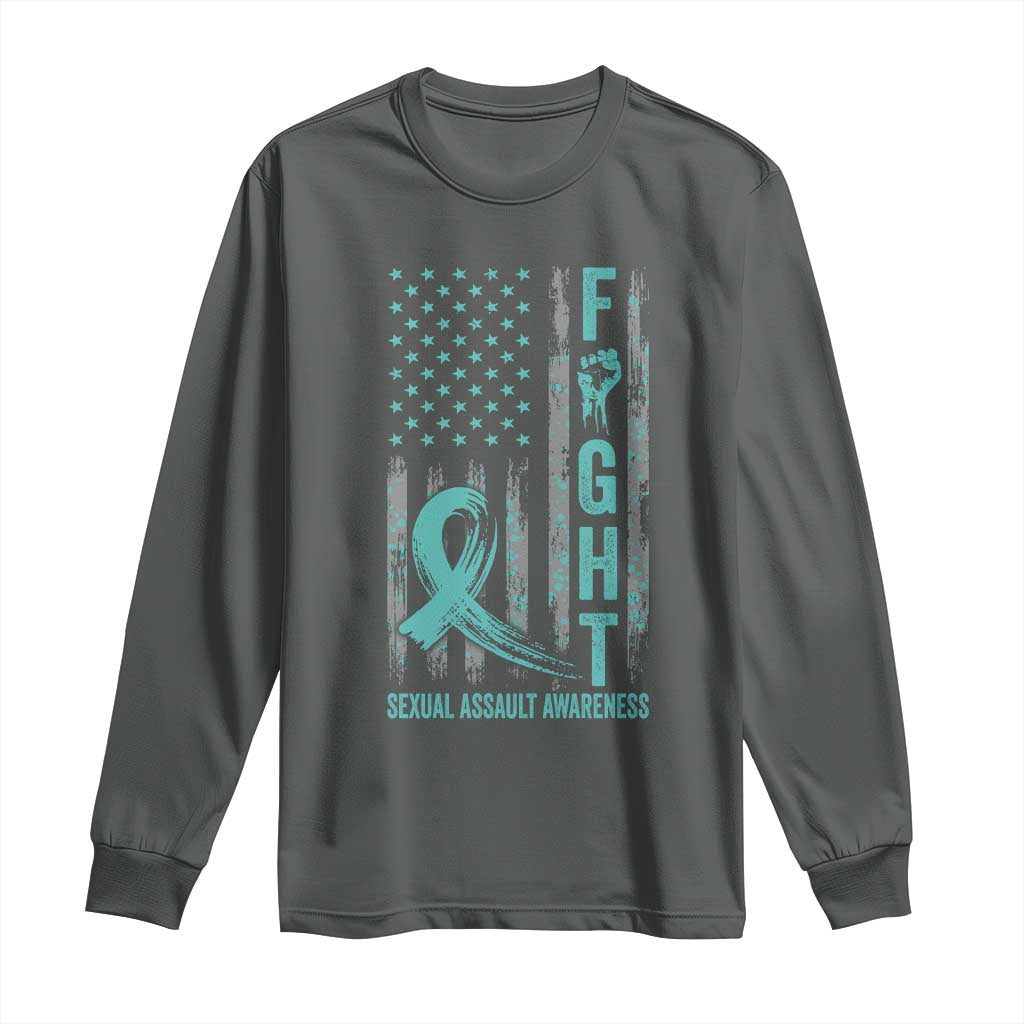 Sexual Assault Awareness Long Sleeve Shirt Fight Cancer American Flag Teal Ribbon TS10 Dark Heather Print Your Wear