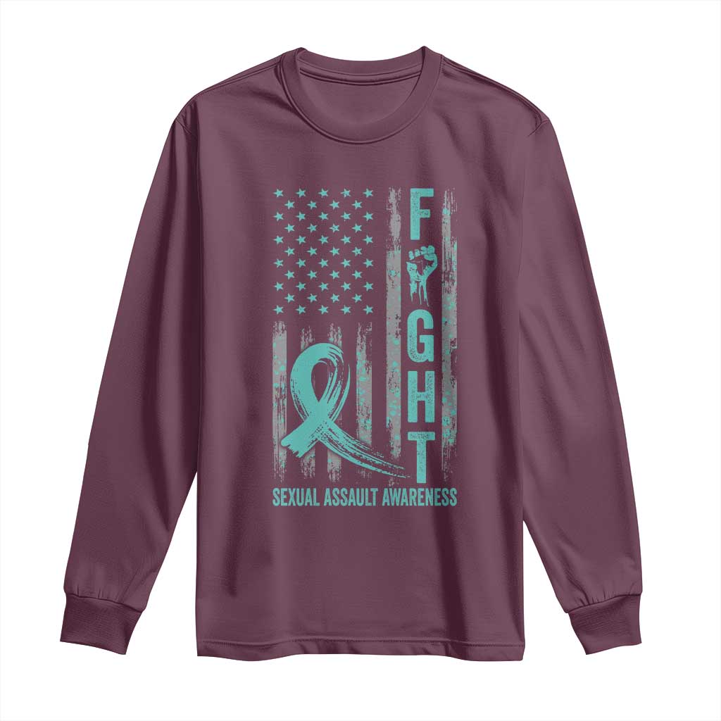 Sexual Assault Awareness Long Sleeve Shirt Fight Cancer American Flag Teal Ribbon TS10 Maroon Print Your Wear
