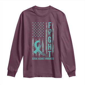 Sexual Assault Awareness Long Sleeve Shirt Fight Cancer American Flag Teal Ribbon TS10 Maroon Print Your Wear