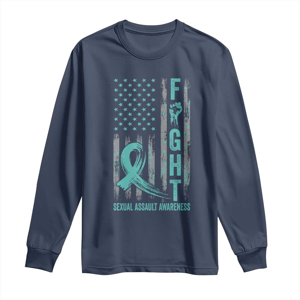 Sexual Assault Awareness Long Sleeve Shirt Fight Cancer American Flag Teal Ribbon TS10 Navy Print Your Wear