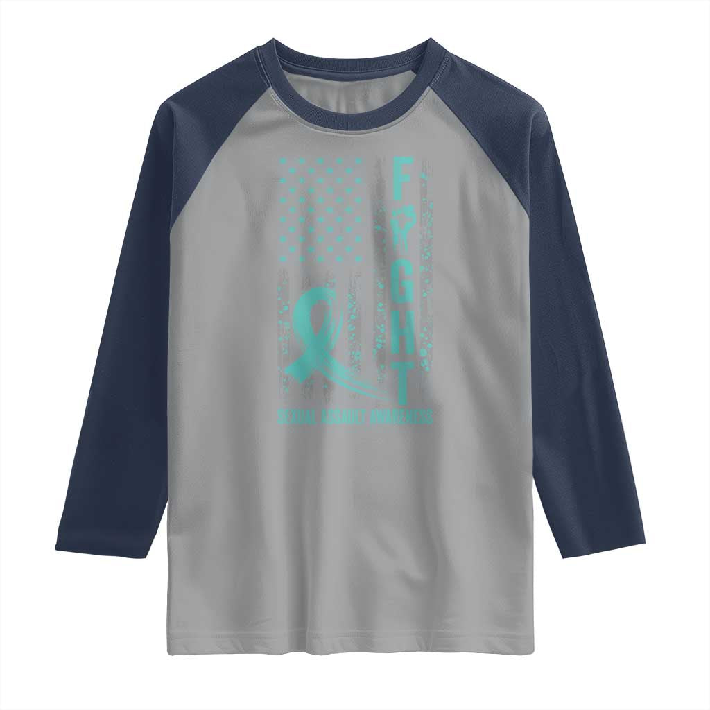 Sexual Assault Awareness Raglan Shirt Fight Cancer American Flag Teal Ribbon TS10 Sport Gray Navy Print Your Wear