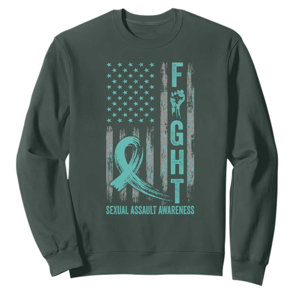 Sexual Assault Awareness Sweatshirt Fight Cancer American Flag Teal Ribbon TS10 Dark Forest Green Print Your Wear