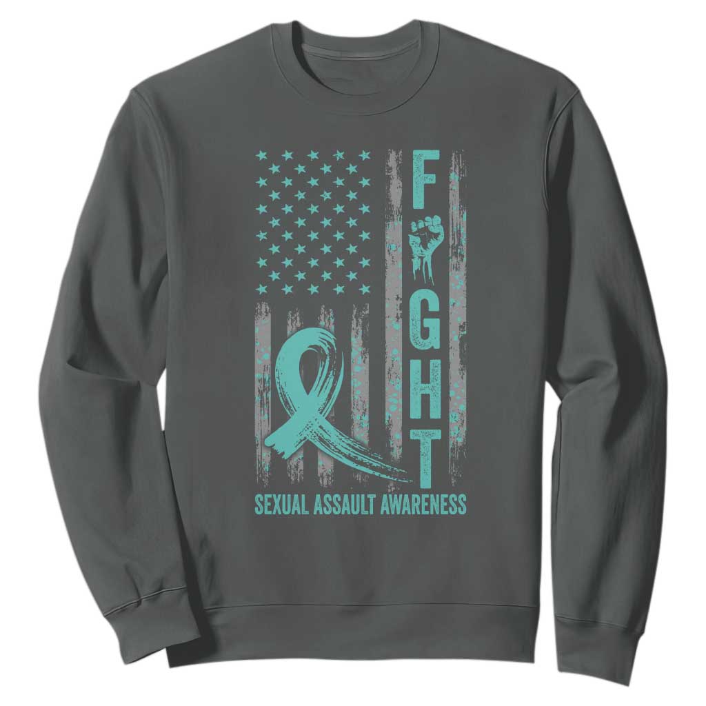 Sexual Assault Awareness Sweatshirt Fight Cancer American Flag Teal Ribbon TS10 Dark Heather Print Your Wear