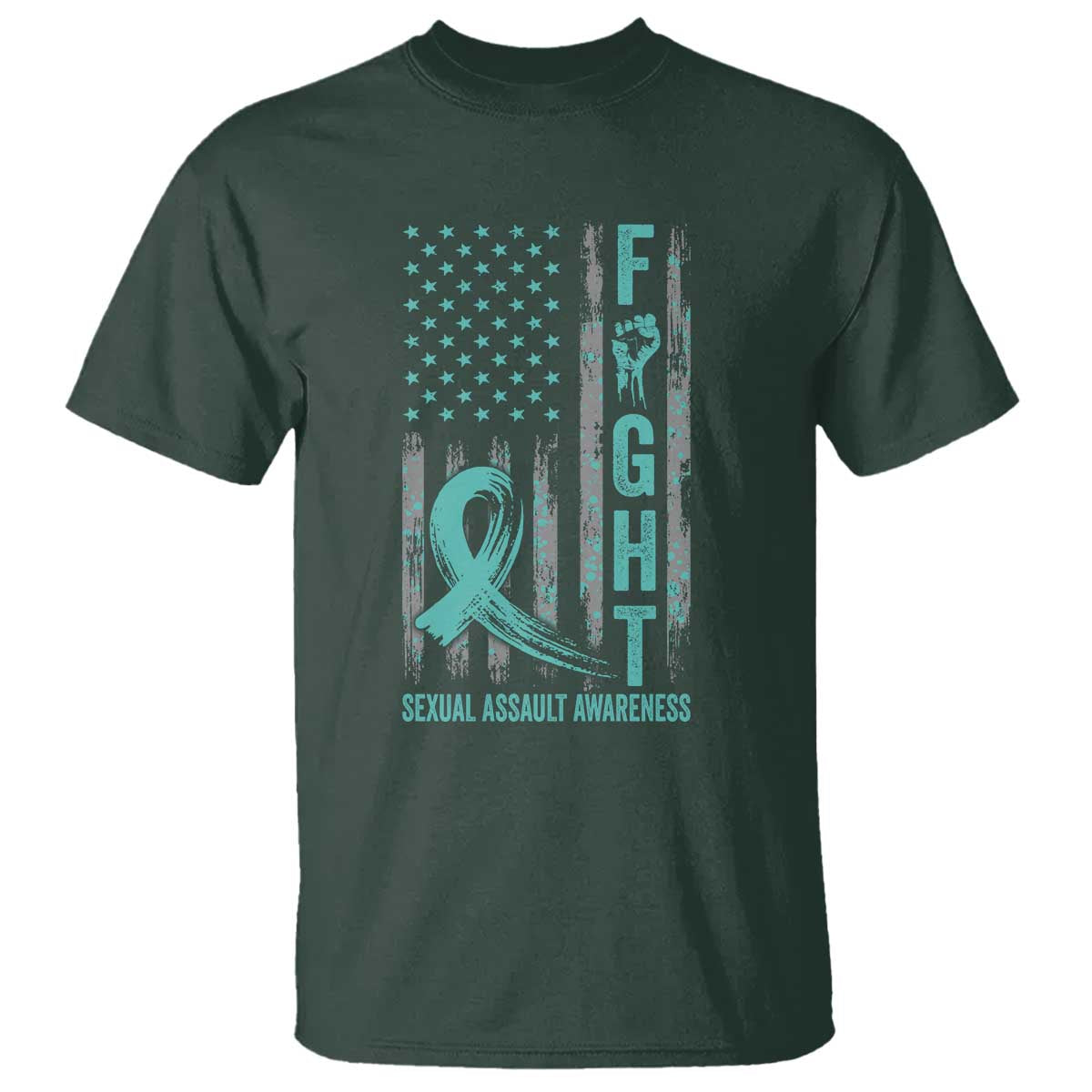 Sexual Assault Awareness T Shirt Fight Cancer American Flag Teal Ribbon TS10 Dark Forest Green Print Your Wear