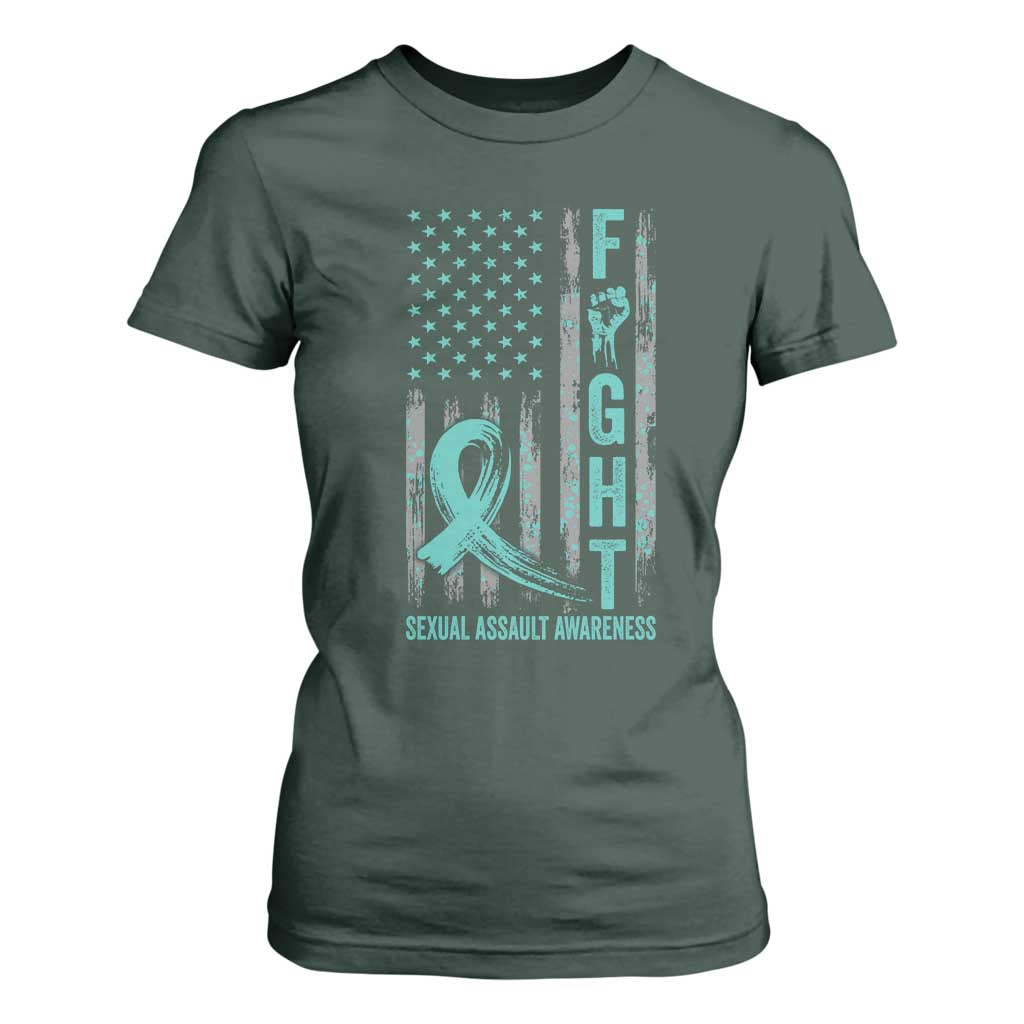 Sexual Assault Awareness T Shirt For Women Fight Cancer American Flag Teal Ribbon TS10 Dark Forest Green Print Your Wear