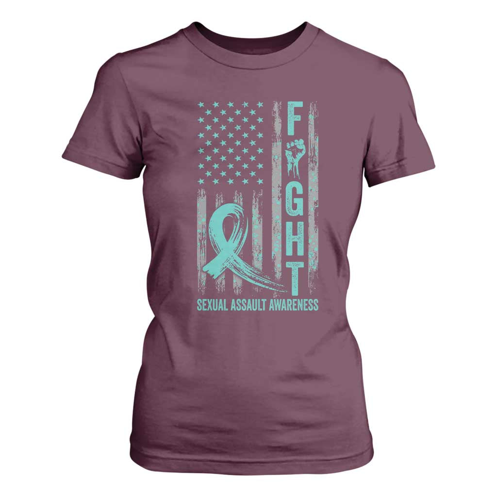 Sexual Assault Awareness T Shirt For Women Fight Cancer American Flag Teal Ribbon TS10 Maroon Print Your Wear