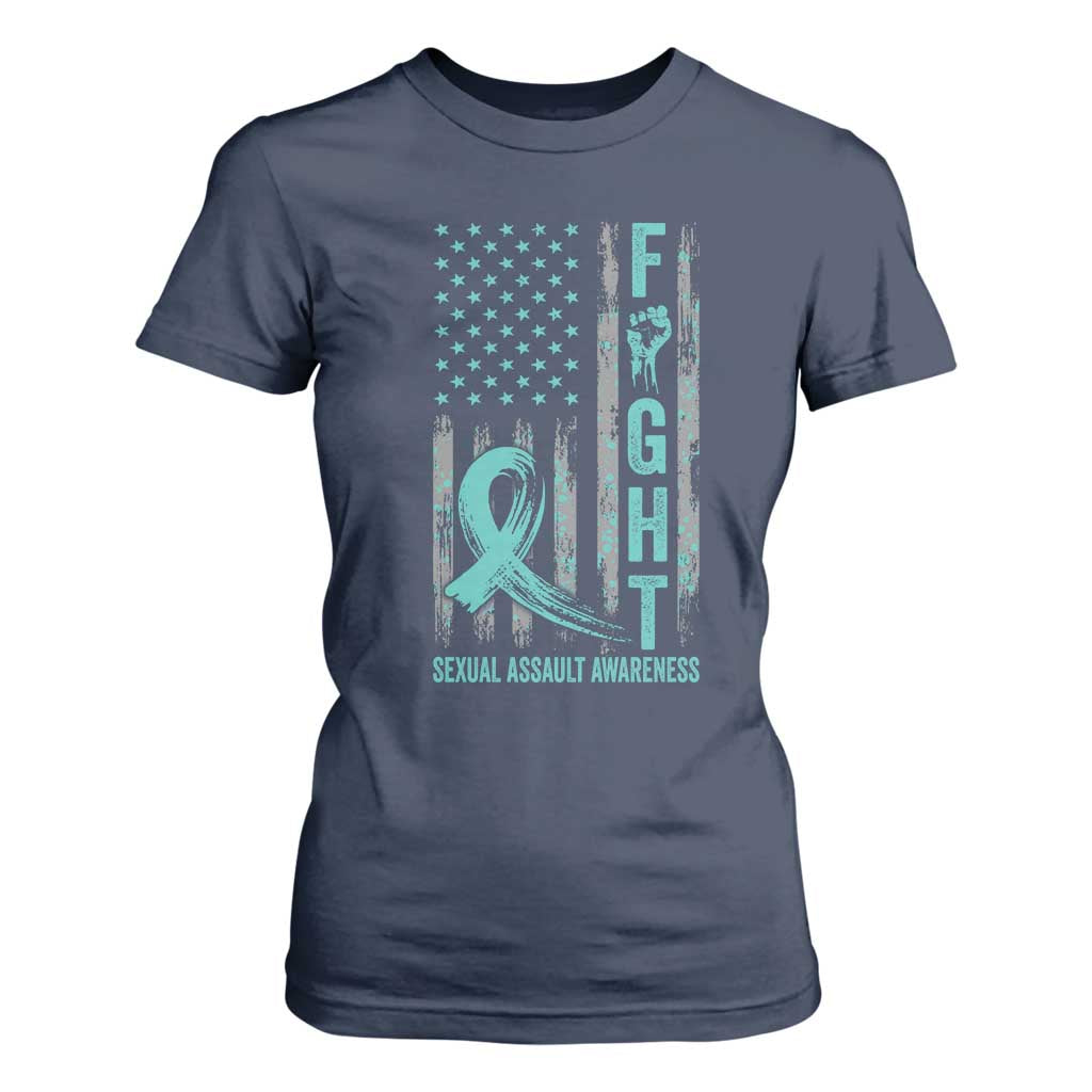 Sexual Assault Awareness T Shirt For Women Fight Cancer American Flag Teal Ribbon TS10 Navy Print Your Wear
