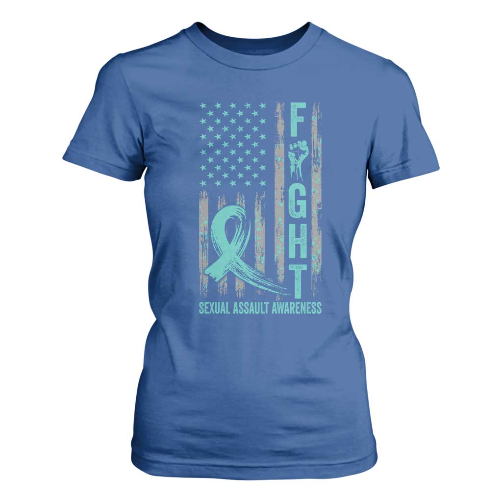 Sexual Assault Awareness T Shirt For Women Fight Cancer American Flag Teal Ribbon TS10 Royal Blue Print Your Wear