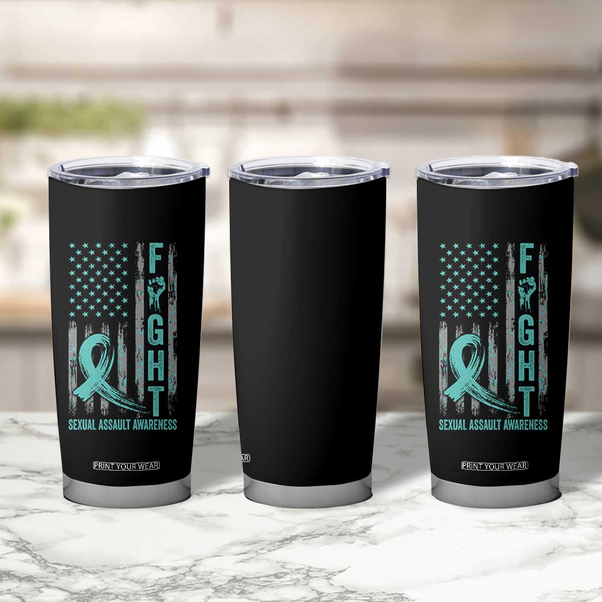 Sexual Assault Awareness Tumbler Cup Fight Cancer American Flag Teal Ribbon TS10 Print Your Wear