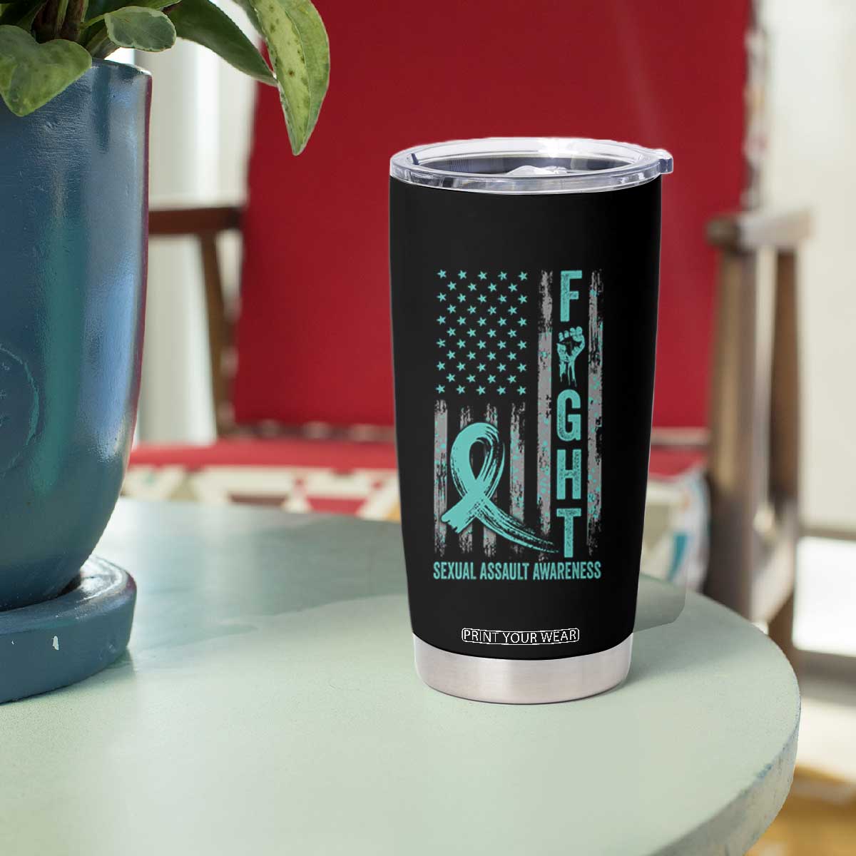 Sexual Assault Awareness Tumbler Cup Fight Cancer American Flag Teal Ribbon TS10 Print Your Wear