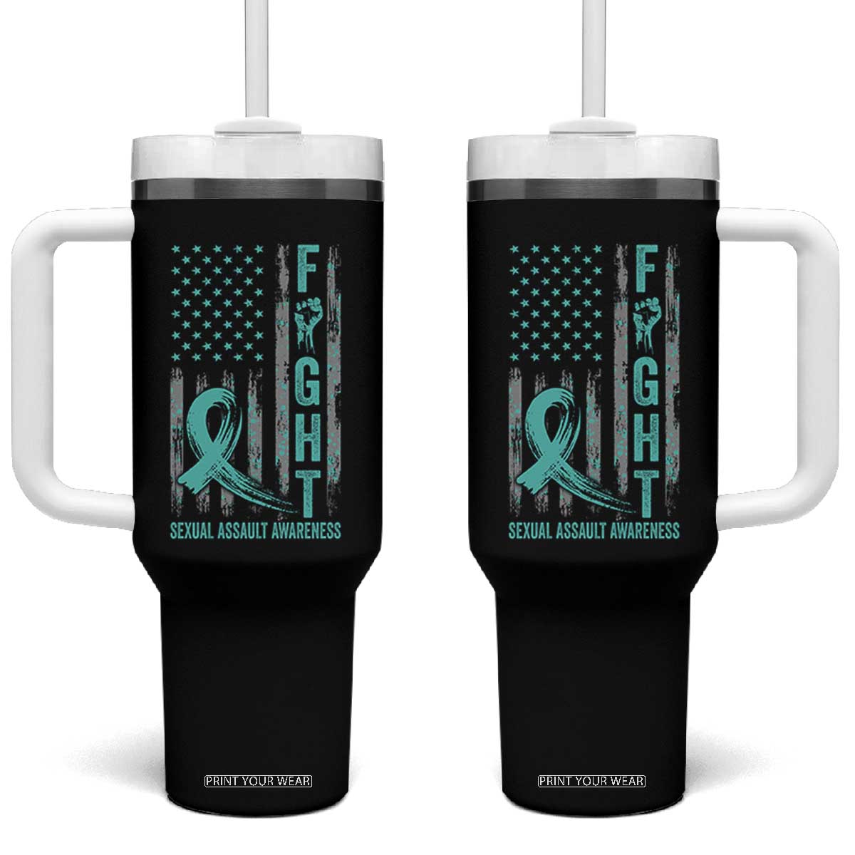Sexual Assault Awareness Tumbler With Handle Fight Cancer American Flag Teal Ribbon TS10 One Size: 40 oz Black Print Your Wear
