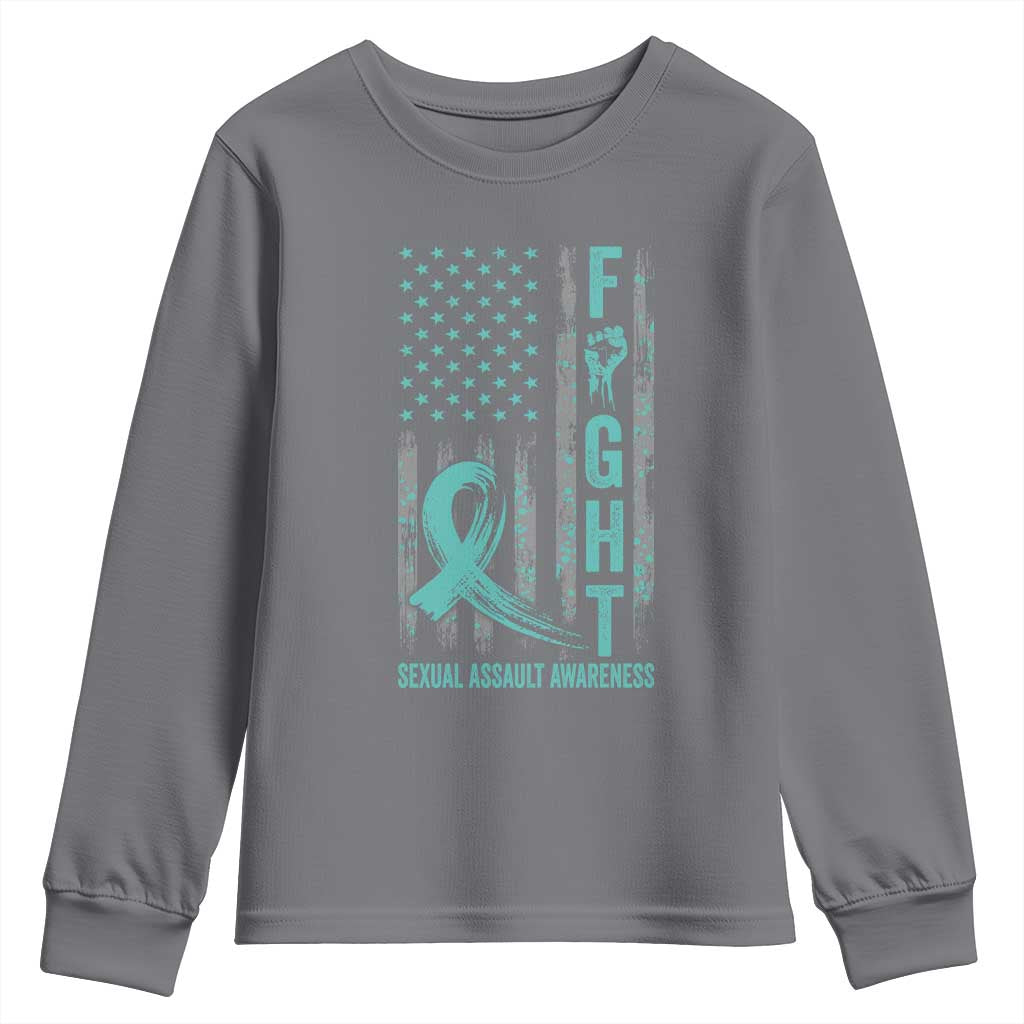 Sexual Assault Awareness Youth Sweatshirt Fight Cancer American Flag Teal Ribbon TS10 Charcoal Print Your Wear