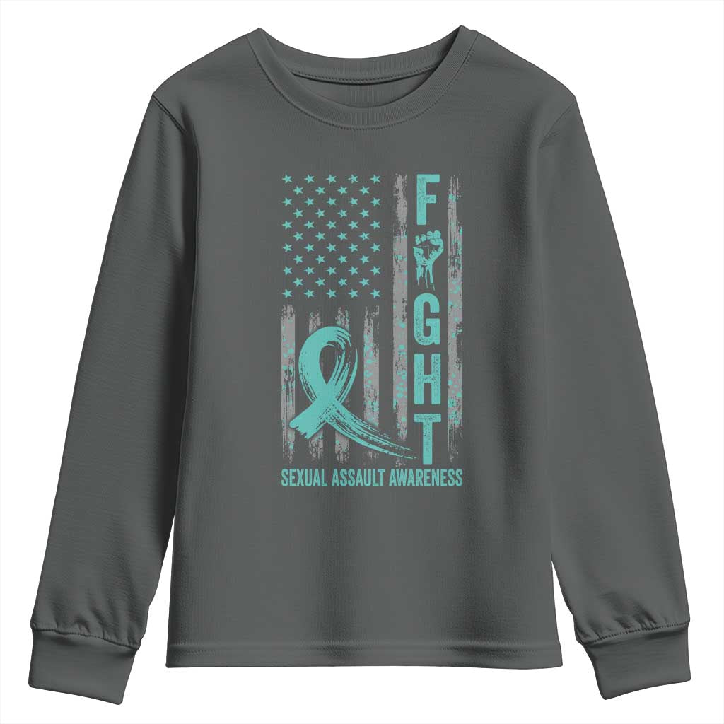 Sexual Assault Awareness Youth Sweatshirt Fight Cancer American Flag Teal Ribbon TS10 Dark Heather Print Your Wear
