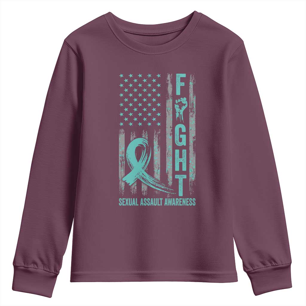 Sexual Assault Awareness Youth Sweatshirt Fight Cancer American Flag Teal Ribbon TS10 Maroon Print Your Wear