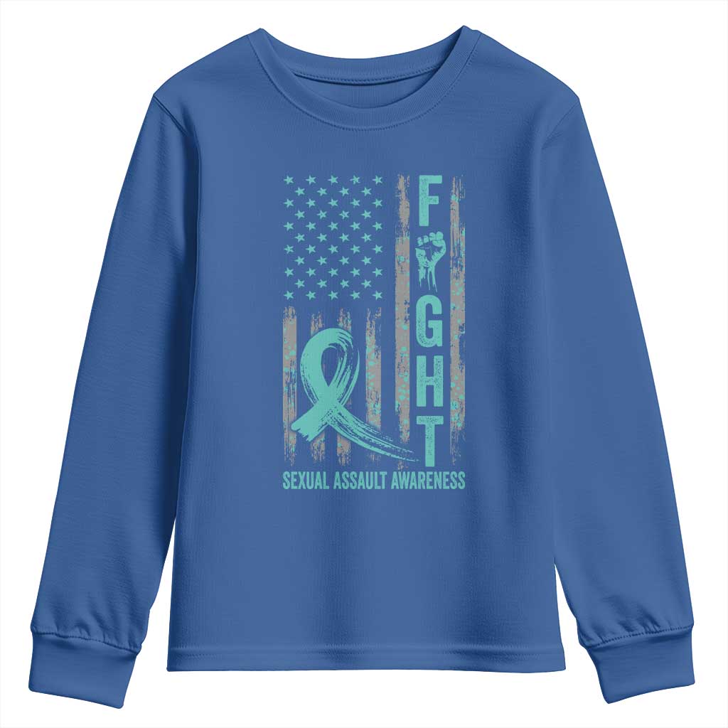 Sexual Assault Awareness Youth Sweatshirt Fight Cancer American Flag Teal Ribbon TS10 Royal Blue Print Your Wear