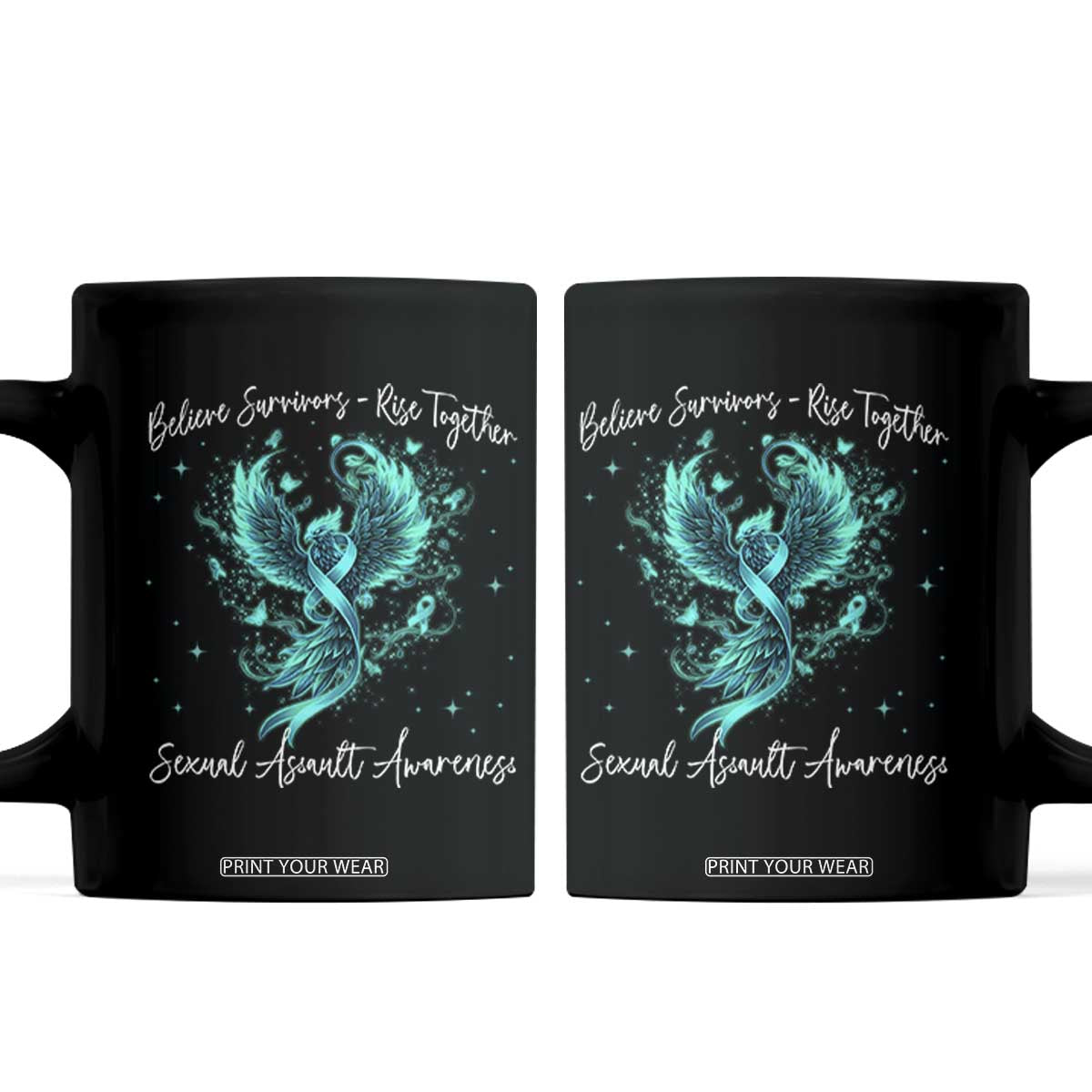 Sexual Assault Awareness Coffee Mug Phoenix Bird Reborn Rising Born Again Firebird Teal Ribbon TS10 Black Print Your Wear