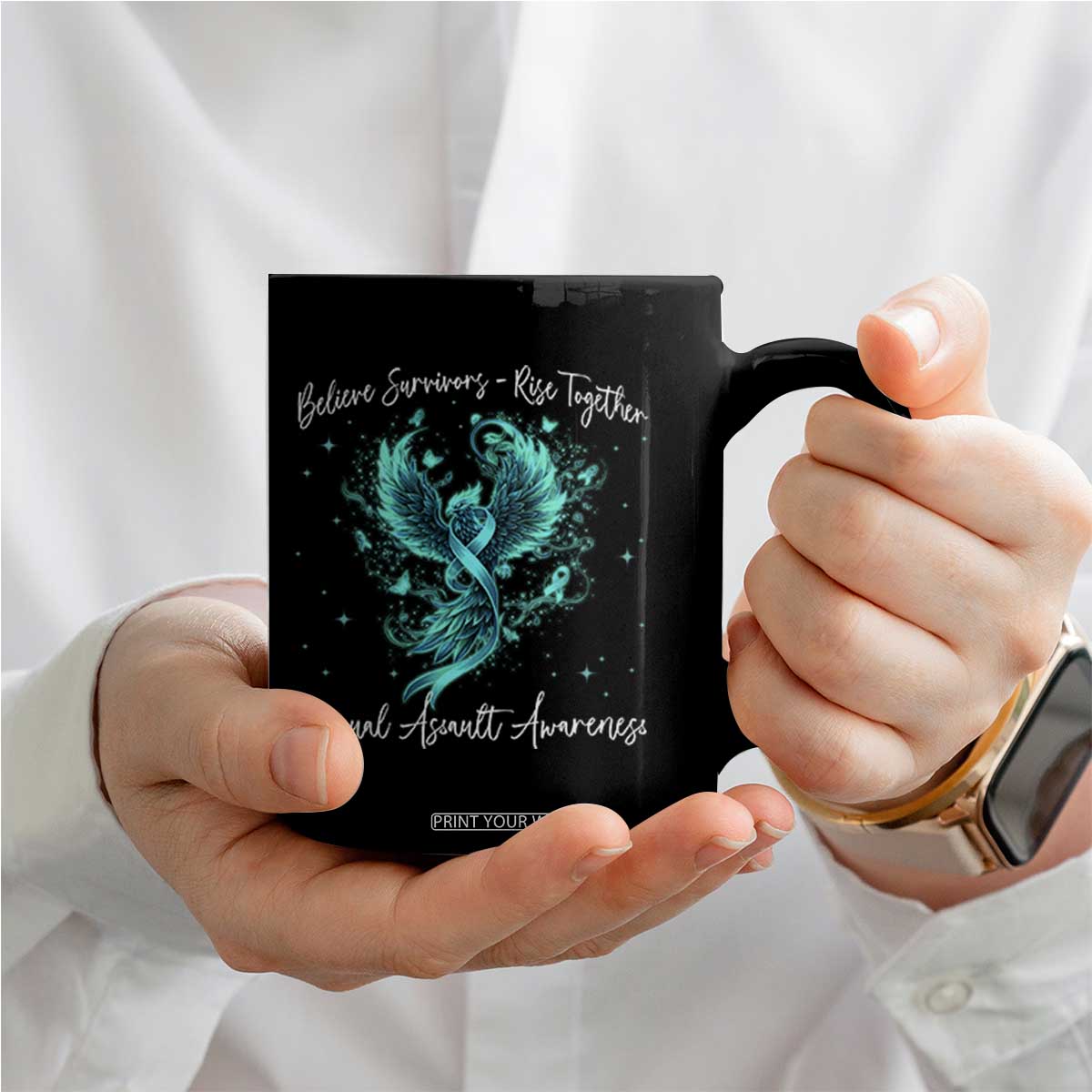 Sexual Assault Awareness Coffee Mug Phoenix Bird Reborn Rising Born Again Firebird Teal Ribbon TS10 Print Your Wear