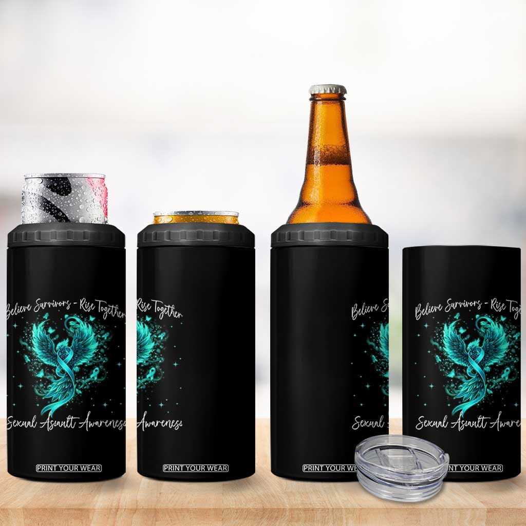 Sexual Assault Awareness 4 in 1 Can Cooler Tumbler Phoenix Bird Reborn Rising Born Again Firebird Teal Ribbon TS10 Print Your Wear