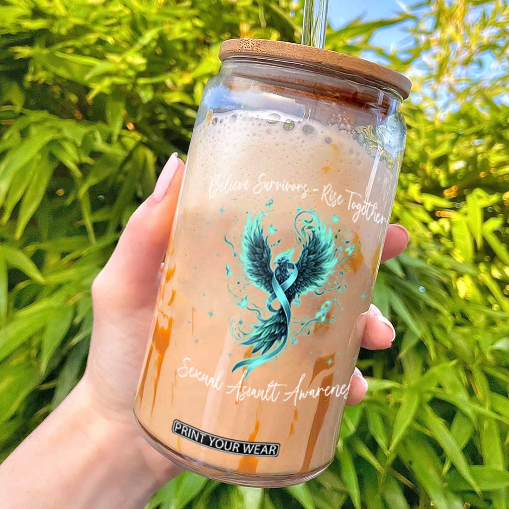 Sexual Assault Awareness Glass Can Phoenix Bird Reborn Rising Born Again Firebird Teal Ribbon TS10 Black Print Your Wear