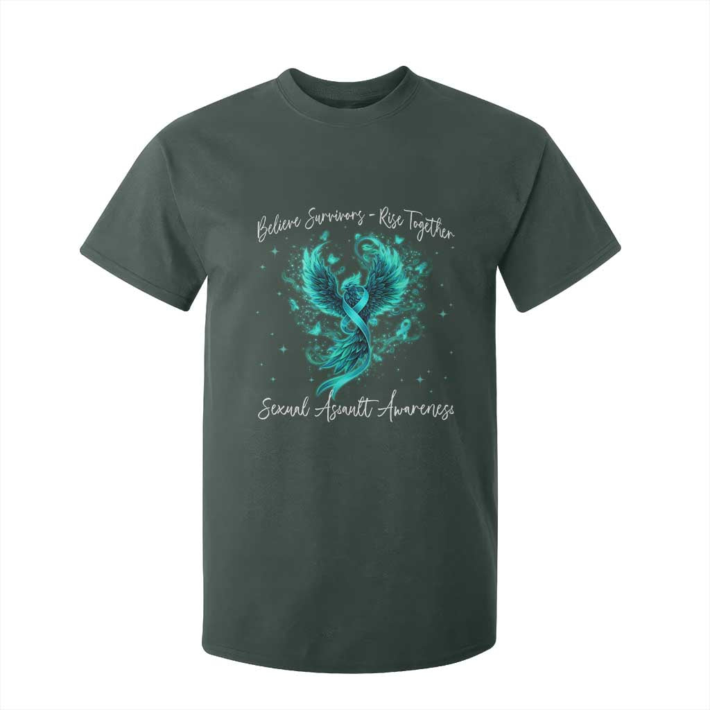 Sexual Assault Awareness T Shirt For Kid Phoenix Bird Reborn Rising Born Again Firebird Teal Ribbon TS10 Dark Forest Green Print Your Wear