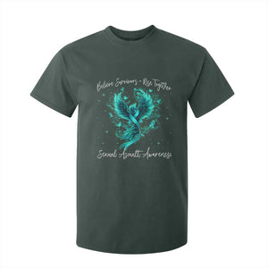 Sexual Assault Awareness T Shirt For Kid Phoenix Bird Reborn Rising Born Again Firebird Teal Ribbon TS10 Dark Forest Green Print Your Wear