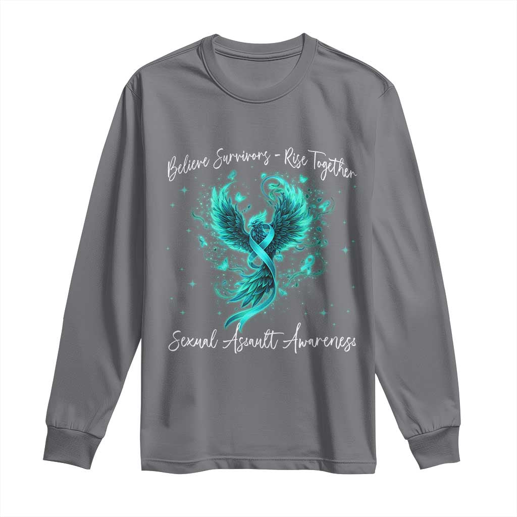 Sexual Assault Awareness Long Sleeve Shirt Phoenix Bird Reborn Rising Born Again Firebird Teal Ribbon TS10 Charcoal Print Your Wear