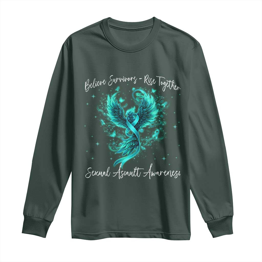 Sexual Assault Awareness Long Sleeve Shirt Phoenix Bird Reborn Rising Born Again Firebird Teal Ribbon TS10 Dark Forest Green Print Your Wear