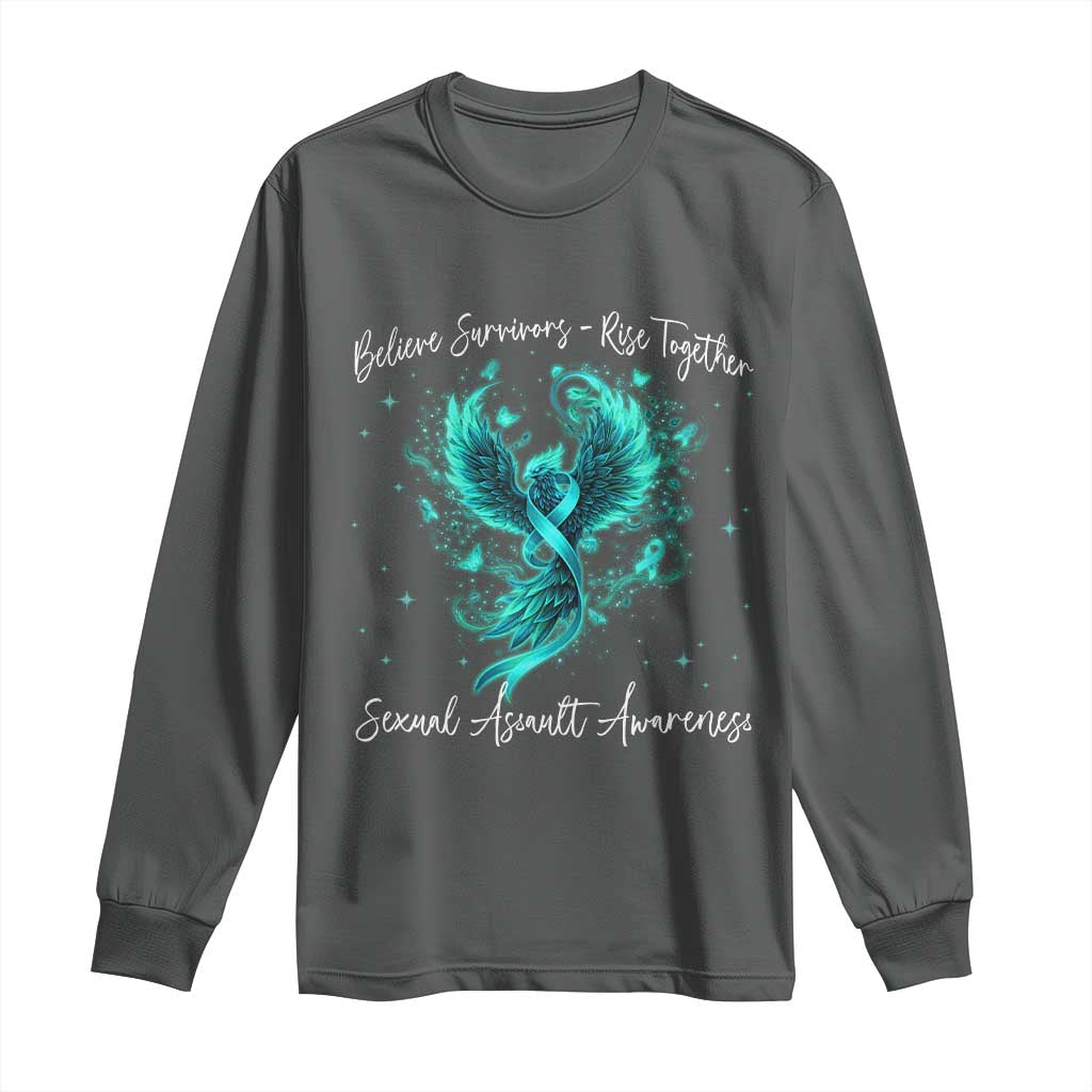 Sexual Assault Awareness Long Sleeve Shirt Phoenix Bird Reborn Rising Born Again Firebird Teal Ribbon TS10 Dark Heather Print Your Wear