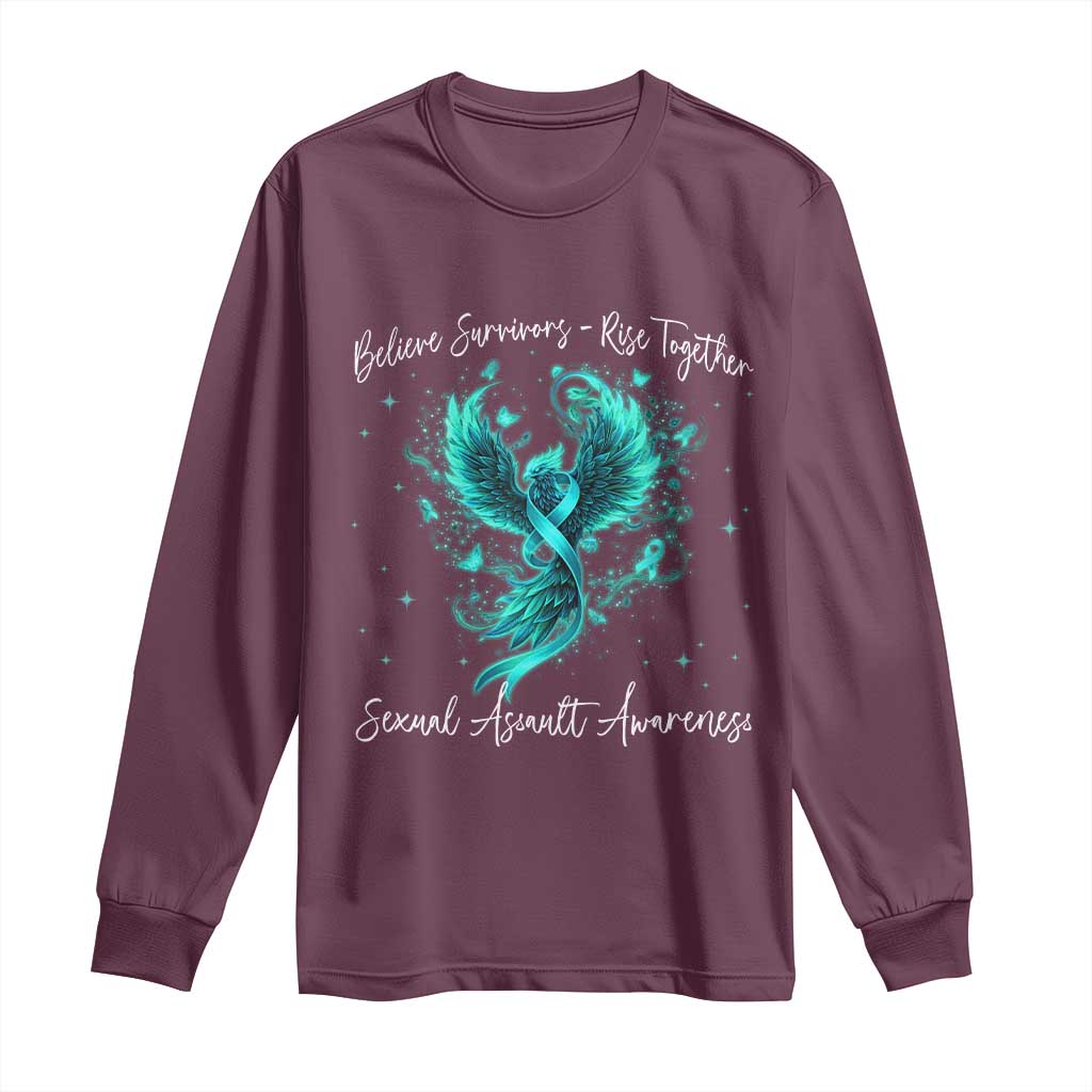 Sexual Assault Awareness Long Sleeve Shirt Phoenix Bird Reborn Rising Born Again Firebird Teal Ribbon TS10 Maroon Print Your Wear