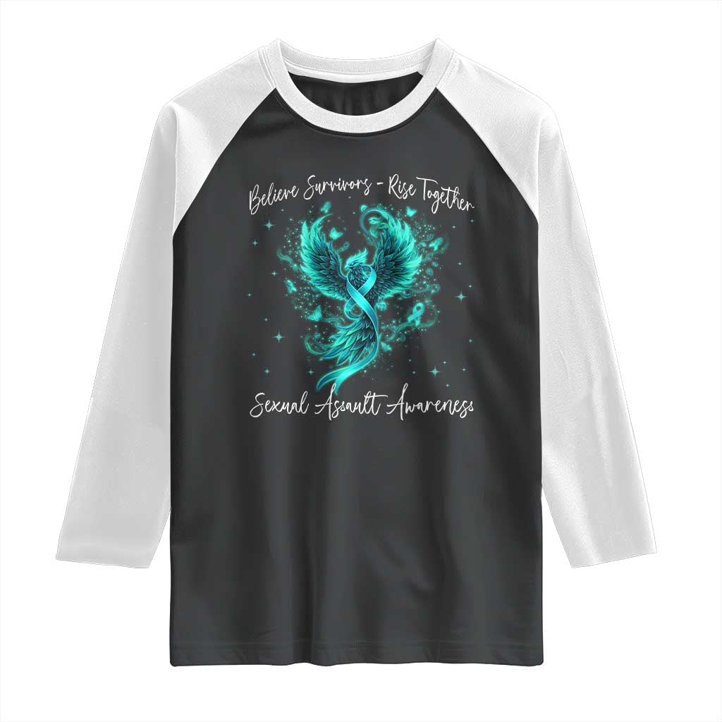 Sexual Assault Awareness Raglan Shirt Phoenix Bird Reborn Rising Born Again Firebird Teal Ribbon TS10 Black White Print Your Wear